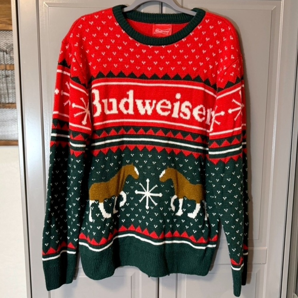 Budweiser Mens Holiday Fair Isle Clydesdale Sweater, Red Green,L - Picture 2 of 12